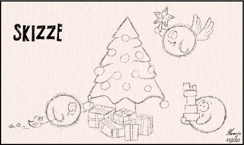 Skizze xmas 2020 Weihnachten Baum Weihnachtsbaum schnuhsel engel schmücken geschenk geschenke gift tannenbaum